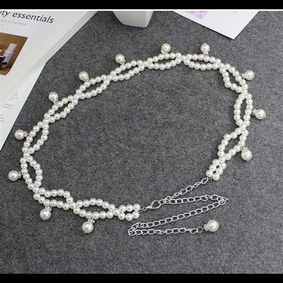 Lady\'s Faux Pearl Waist Chain Dress Pendant Adjustable Decorative Belt Hollowed main image 7